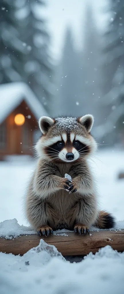 A captivating photograph of a cute extra fluffy baby raccoon with the Frost Quirk. The raccoon is sitting on a wooden object and has ice forming around its body. The background has snow-covered trees and a cabin.