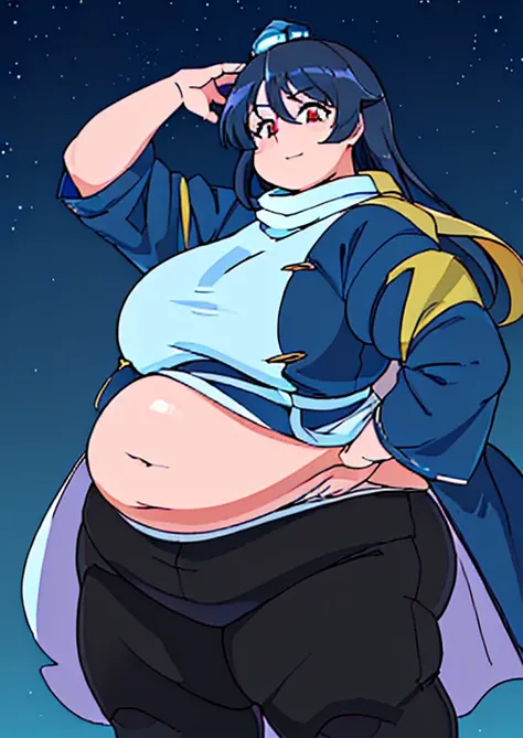 ((best quality, 4k, 8k, anime girl, masterpiece)), ((((beautiful extremely detailed face)))), ((beautiful eyes)), red eyes, ((hard skin)), cinematic lighting, ((perfect anatomy)), (((chubby, SSBBW, tall, small face, big belly, (round belly), (((extremely w...