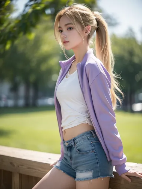 1girl, beautiful high school student, long blonde hair in ponytail, short jeans, plain white t-shirt, plain purple jacket, standing, (best quality,4k,8k,highres,masterpiece:1.2),ultra-detailed,(realistic,photorealistic,photo-realistic:1.37),HDR,UHD,studio ...