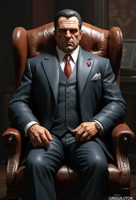 Mafia Boss, by greg rutkowski.
full body, best quality, masterpiece, intricate details, ultra-detailed