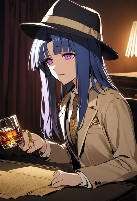 Furude Rika, Female, Alone, mafia, blue hair, purple eyes, Fedora hat, Dimly lit room, Hold a cigar, Luxury suits, sit behind a large desk, His expression is calm but his eyes are sharp., Gold Ring, An office with old-fashioned decor, Heavy curtains, Artwo...