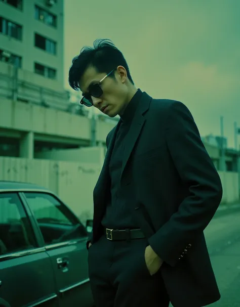 cinematography, realistic, retro, film grain, wong kar-wai, dark, green theme, solo, a middle age man in black suit and black su...