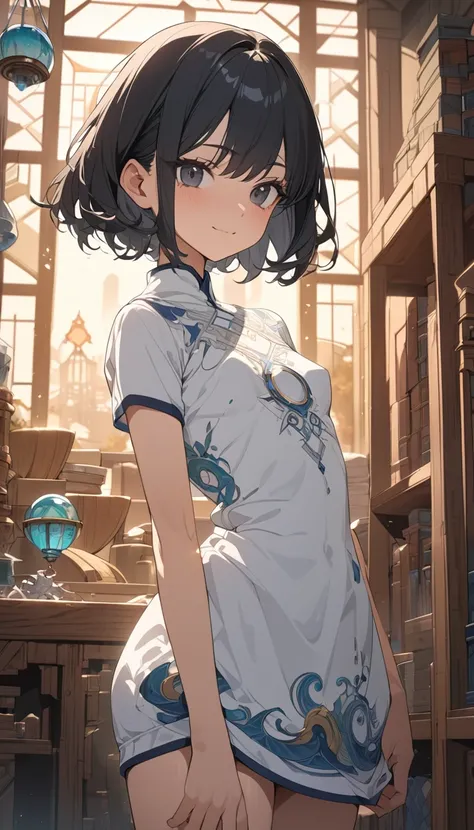 masterpiece, Best Quality, High resolution, Super detailed, Anime Style,  Fantasy, The Five Elements Room, One Girl, solo, Alchemist, Cowboy Shot,  Cute face, Small breasts, Short black hair, break, Dark Eyes, break, indoor, 