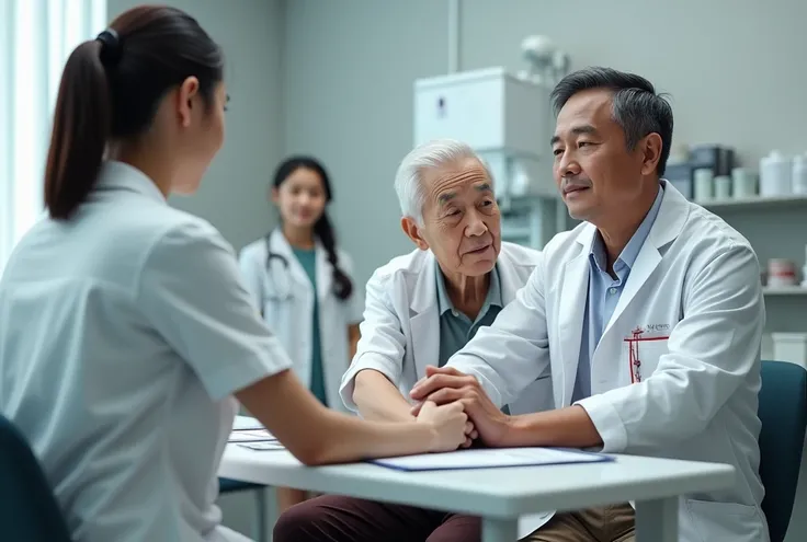 Photorealistic image of a 35-year-old Thai male doctor sitting at a desk in an outpatient examination room, holding the arm of an elderly male patient in a gentle gesture, while a 20-year-old female medical student wearing a white short-sleeved lab coat wi...