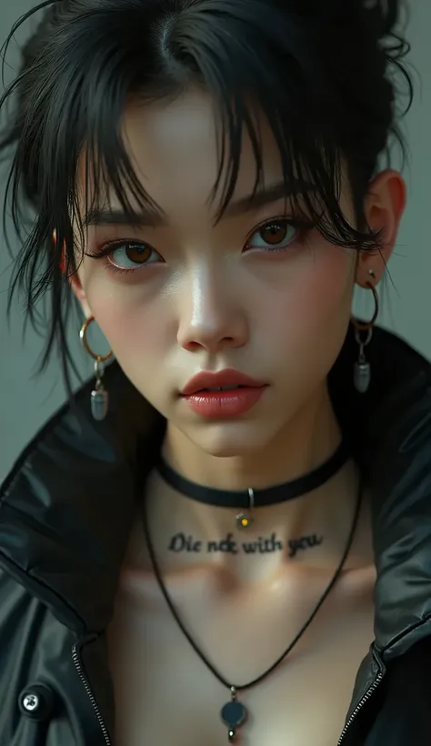 On his neck tattoo is written "Nec possum tecum vivere, nec sine te"、a close up of a person wearing a necklace and a jacket, beautiful female neuromancer, aeon flux style, molly from neuromancer, iu lee ji-eun as a super villain, molly from the novel neuro...