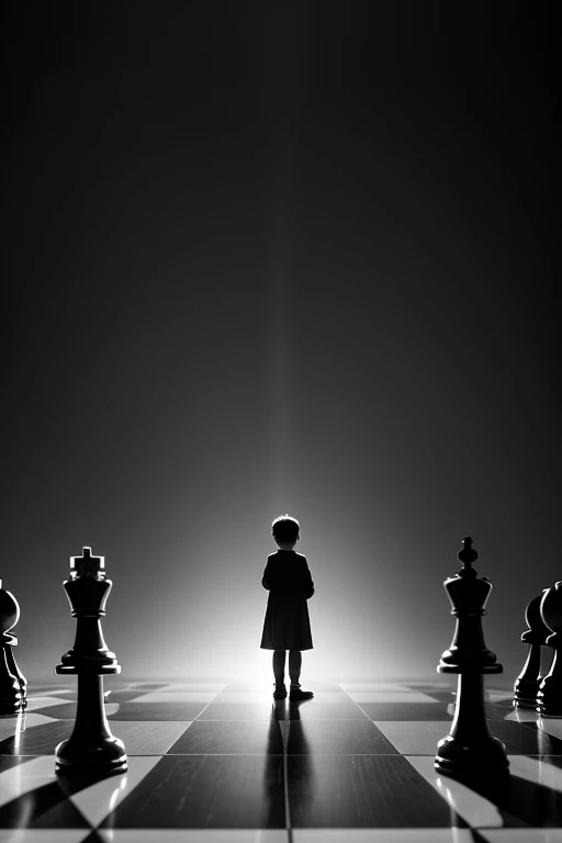 "An enchanting black-and-white scene of a small child standing alone on a giant chessboard, surrounded by towering, oversized chess pieces. The child, dwarfed by the massive figures, stands at the center, creating a sense of awe and wonder. The high-contra...