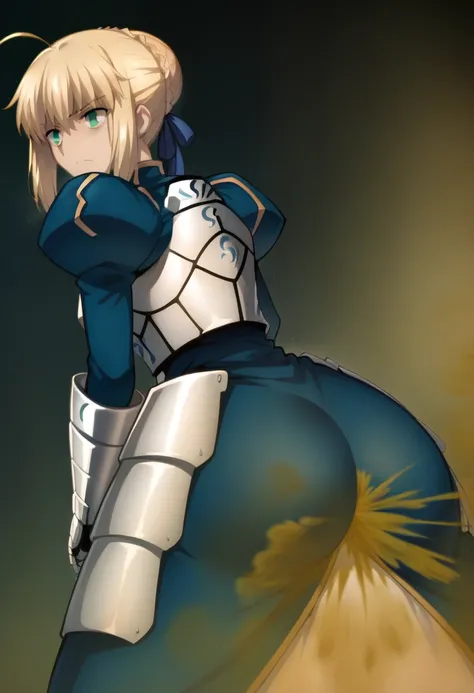 Highest quality, High Resolution, 1 girl, artoria pendragon, artoria pendragon (fate), saber, blonde hair, green eyes, ahoge, sidelocks, Ass, fart, farting, yellow_smoke, yellow_gas, sprays, hair bun, single hair bun, braid, dress, ribbon, hair ribbon, arm...