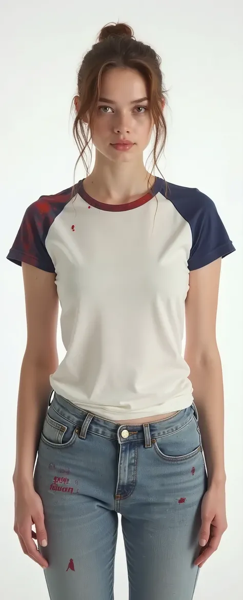 a woman in a white and blue shirt and jeans posing for a picture, wearing tight shirt, wearing a t-shirt, tight shirt, blue tight tshirt, printed on a cream linen t-shirt, wet t shirt, in tshirt, wearing pants and a t-shirt, blood stains on shirt, white t-...