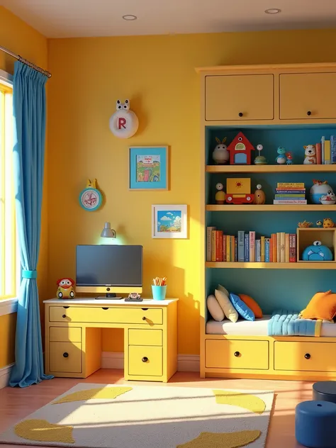 Create the image of the childrens room of the character Joy of Fun 2, with the predominant colors yellow and blue