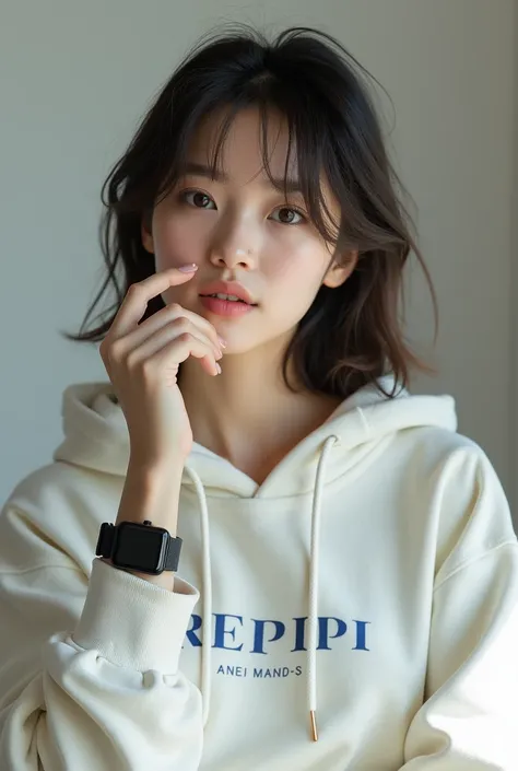 ID photo of one girl, Japanese woman wearing a hoodie and a Repipi Armario T-shirt, showing her armpits with a smartwatch