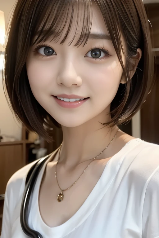 Beautiful young woman、 Japanese women、Brown Hair、A necklace around the neck、white、shirt、Stethoscope、short hair、Intricate details, Very detailed:1.2), 、 
Beautiful nurse lying in bed、(Please redeem:1.4), (Very detailed), (Very detailed美しい顔), ([Sleepy eyes:1...