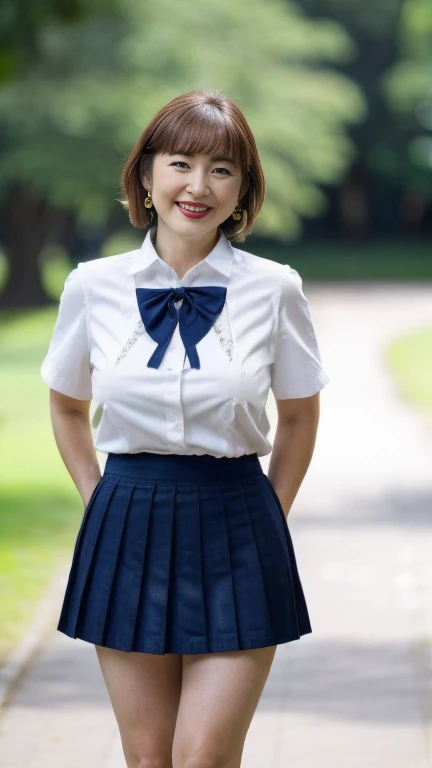 Japanese Mature,60 years old,White skin,(chubby,Large Breasts,Emphasizes plump thighs:1.2),(JP SCHOOL UNIFORM, Ultra short pleated micro mini skirt,Short socks,Wearing loafers,earrings:1.2),(Standing in the park,Full body shot from head to toe:1.2),full bo...