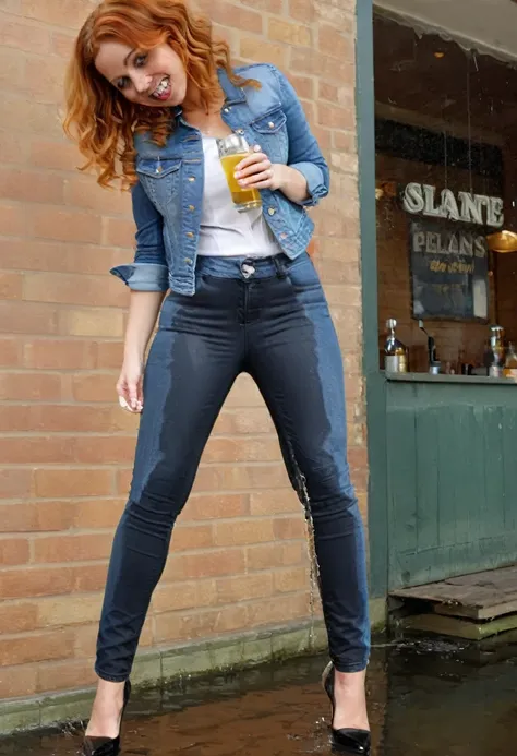 ((attractive redhead woman wearing black skinny jeans)), denim jacket, high heel pumps, white blouse, curly hair, having a drink...