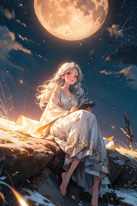 girl sitting on the moon, night sky, moon, stars, girl, very long hair, silver hair, sparkling hair, sparkling eyes, golden eyes, long sparkling dress, barefoot, long sleeves, flying dress fabric, jewelry in hair, best quality, masterpiece, sparkles, glitt...