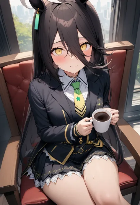 1girl, manhattan cafe (umamusume), solo, (cum in coffee cup:1.2), holding coffee cup, sitting on chair, gentle smile, NSFW, explicit, (masterpiece), (best quality), (ultra-detailed), very aesthetic