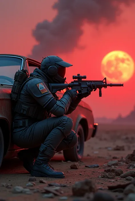 Time: Midnight in a dystopian wasteland, where rusted vehicles and debris litter the ground under a blood-red sky. A Mercenary Bounty Hunter: Clad in heavy, weathered armor adorned with scavenged tech pieces, their face obscured by a visor that displays a ...