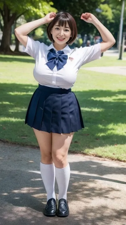 Japanese Mature,50 years old,White skin,secretary,(curvy,Large Breasts,Emphasizes plump thighs:1.2),(JP SCHOOL UNIFORM, Ultra short pleated micro mini skirt,earrings,Short socks,Wearing loafers:1.2),(Standing in the park,Full body shot from head to toe:1.2...