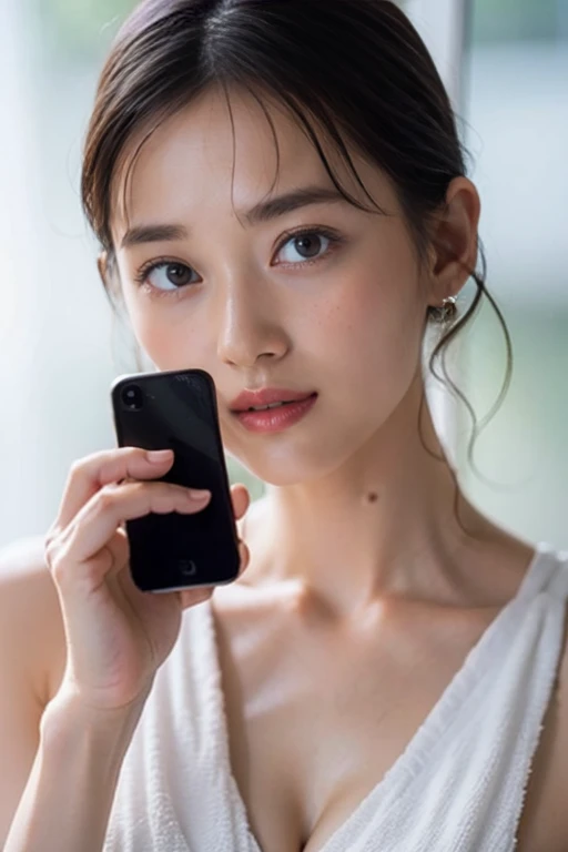 Close-up of a woman wrapped in a towel using a mobile phone, Photo of Fumie Kojima, instagram, FACINGchismo, animal, tiktok video, Yoshitomo alreadyra, Revealing clothing, Open dress, Woman touching clothes, iphone video, a, The, on, FACING, already, Ha, O...