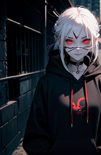 A creepy anime-style character with long white hair and glowing red eyes, standing in a dark urban alley. She has pale skin, with stitched scars around her mouth and neck, creating a disturbing, eerie look. She wears a white hoodie with the hood partially ...