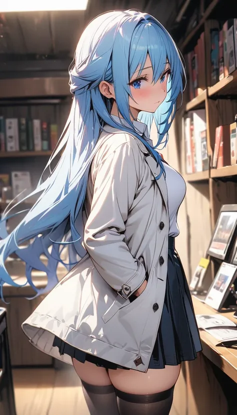 masterpiece, Best Quality, High image quality, High resolution, One girl, Alone, Aqua (KonoSuba), Blue Hair, Long Hair, blue eyes, White shirt ,Long white coat, black office skirt, thighhighs, whole body, standing, Put your hands in your pockets, , depth o...