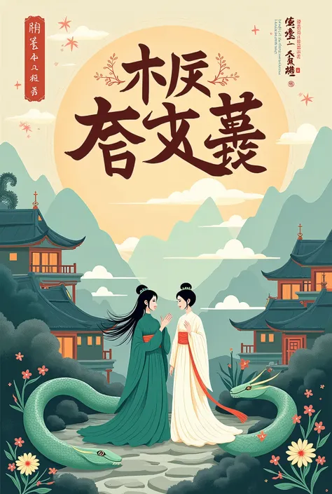 cover page, The Legend of the White Snake, Baishezhuan, flat Design, vector illustrations, graphic illustration, detailed 2d illustration, flat illustration, digital illustration, digital artwork,