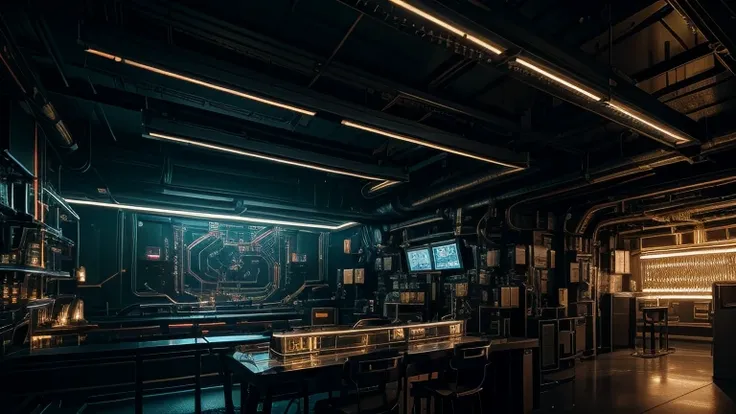 a highly detailed electrical installation, intricate circuitry, industrial machinery, complex wiring, futuristic technology, metallic textures, glowing lights, dynamic composition, cinematic lighting, chiaroscuro effects, moody atmosphere, dramatic shadows...