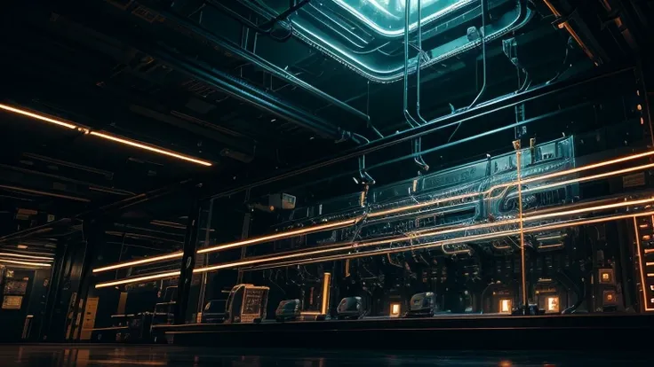 a highly detailed electrical installation, intricate circuitry, industrial machinery, complex wiring, futuristic technology, metallic textures, glowing lights, dynamic composition, cinematic lighting, chiaroscuro effects, moody atmosphere, dramatic shadows...