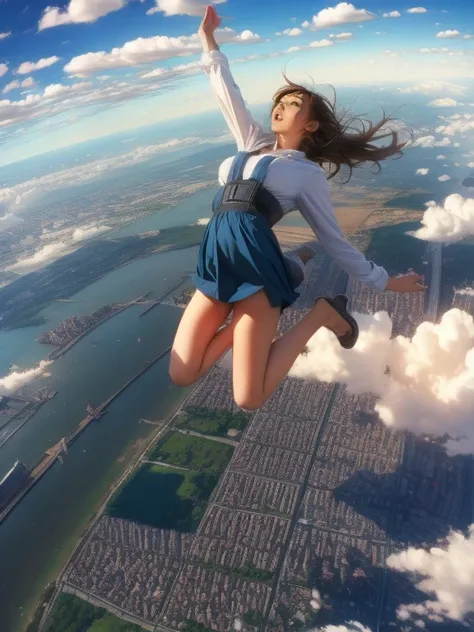 A girl flying in the sky with clouds and above a city with tall buildings, Wide Shot