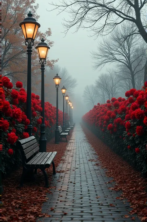 It&#39;s autumn. A narrow path with a row of street lamps. The sky is leaden, very cloudy. There are benches to sit on and some have a hedge of red roses.. Many dry leaves fallen on the ground. Light fog that beautifies and enhances the landscape. hyper re...