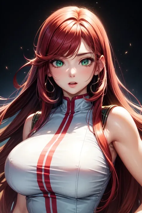 Extremely attractive young woman in her twenties, long red hair, big expressive green eyes, extremely athletic body, white mini blouse, upper body, HEAD ON, perfect face, hyper detailed