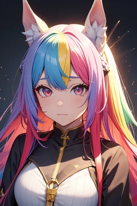 Horse Girl、Horse ears on head、Rainbow hair colour、Gradient hair color、Long Hair、Red right eye、Yellow left eye、whole body、cute expression、、