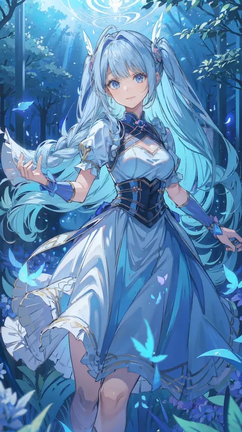 ,dynamic angle、 in the magical forest, a mysterious fairy girl appears, light blue long hair、twin tails、adorable smile、the moonl...