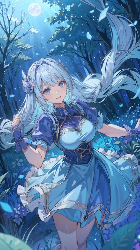 ,dynamic angle、 in the magical forest, a mysterious fairy girl appears, light blue long hair、twin tails、adorable smile、the moonl...