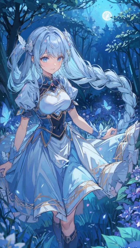 ,dynamic angle、 in the magical forest, a mysterious fairy girl appears, light blue long hair、twin tails、adorable smile、the moonl...