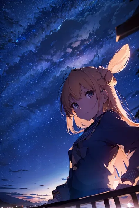 1 , front view, hair ornament, Long hair, blonde hair, toys, top view, Isometric view, lens flare, sky, night, comet, stars, landscape, looking up, only the face 