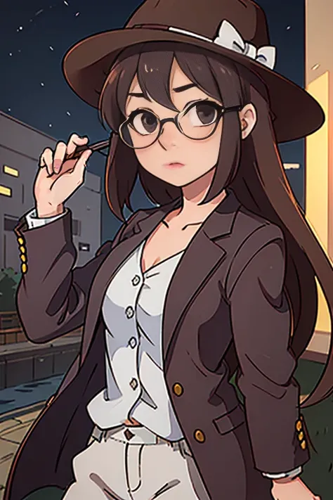 anime、High image quality、High resolution、masterpiece、Detective woman、Wearing round glasses、(Checkered brown suit)、Tokyo in the early Showa period、At dusk、Thoughtful face、(Fedora)、