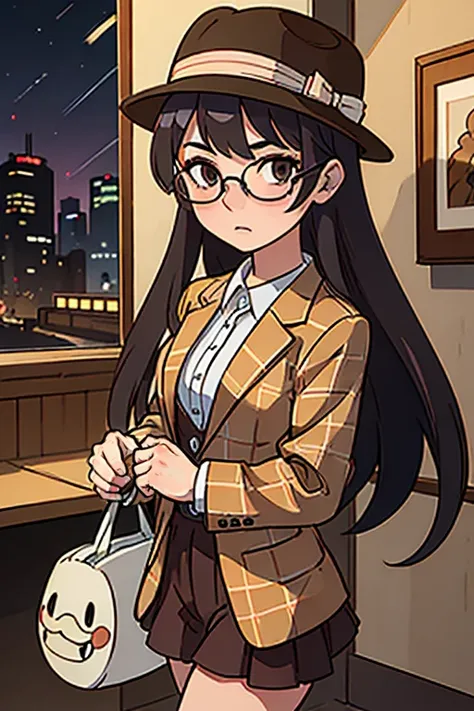 anime、High image quality、High resolution、masterpiece、Detective woman、Wearing round glasses、(Checkered brown suit)、Tokyo in the early Showa period、At dusk、Thoughtful face、(Fedora)、