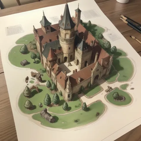 Three-dimensional ink drawing for a medieval city map for a tabletop role-playing game