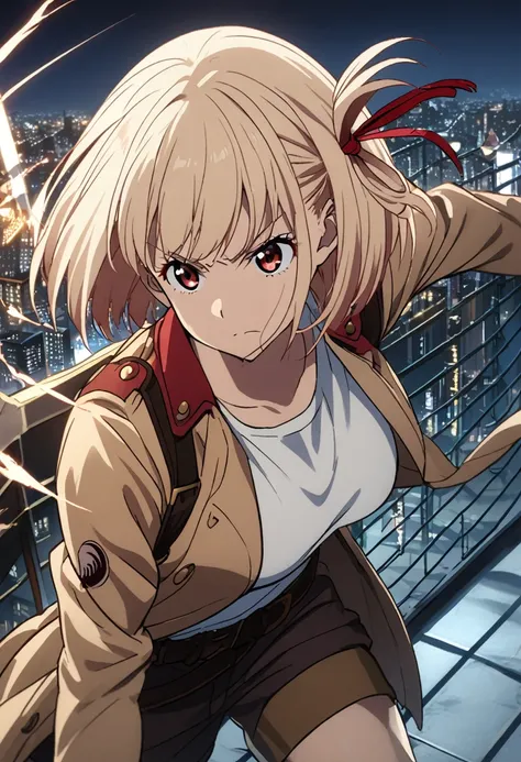 chisato nishikigi, short hair, bangs, blonde hair, red eyes, hair ribbon, one side up, bob cut, serious expression, large breast, white t-shirt, light brown trench coat, short pants, night, city, fence, wind, dynamic poses,