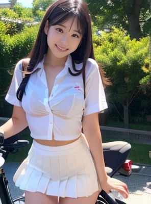 A slim and slender Japanese beauty、In the park, she sits on her bike with her legs spread apart in a transparent underwear.、Very small breasts、Small and flat chest、Small Ass、A small smile、Wearing a schoolgirl uniform、An open shirt reveals skin and underwea...