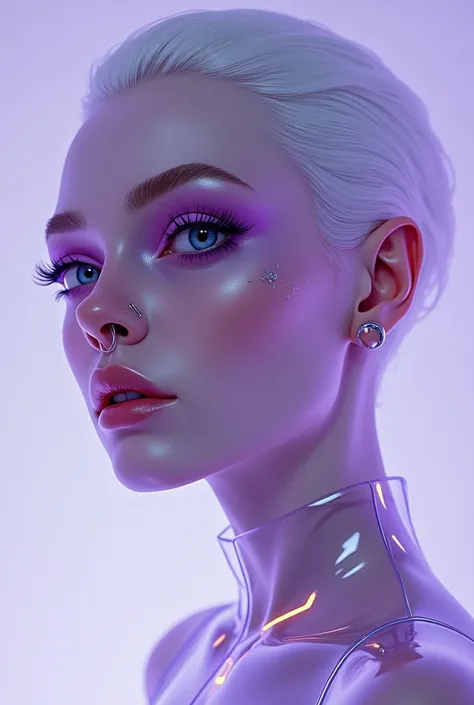 Create a close-up, highly detailed illustration of a futuristic, ethereal-looking woman with pale skin and platinum blonde hair styled sleekly. The lighting should have a soft, violet hue with an overall cool tone. The woman should have multiple piercings ...