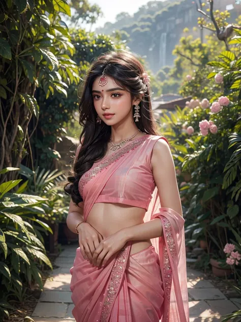 8K, ultra high detailed, an indian girl, cute face, happy, long hair, impressive hairstyle, detailed eyes, detailed lips, indian clothes, saree, pink saree, lace, wearing jewellery, nature background, flowers, afternoon, shadow, clear weather, whole body c...