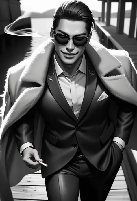 1boy, solo, whole body, mafia, 50 years old, asian male, slicked-back black hair, sunglasses, close eyes, throw the cigarette up...