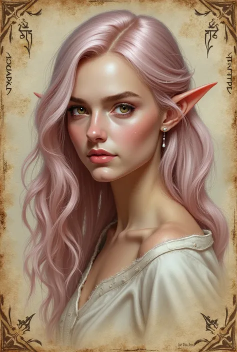 High quality concept art portrait featuring a fantastic and beautiful and fair 18 years old whit Silver pink hair and Hazel eyes Caucasian o lot of color Elven women(Bella Delphine) whit drawn on weathered parchment, using lord of the rings or dungeons and...