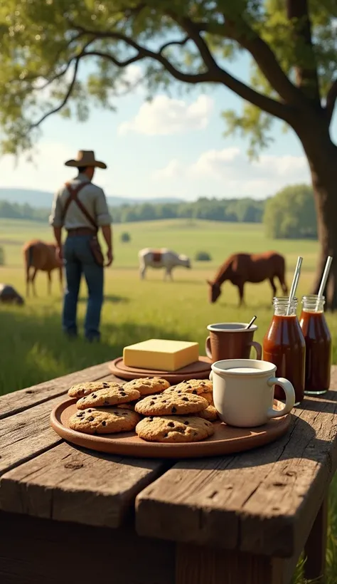 Chubby chocolate chip cookies on a farm table; horses and cows in the background;  bottle of coffee; butter pot; bottles of chocolate milk; pleasant environment;  shade of trees; cowboy in the background