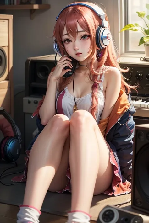 An anime girl listening to music