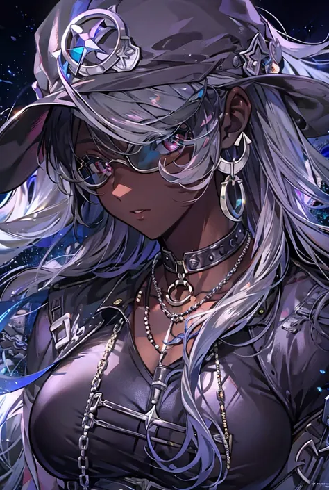 Dark Skin,Muscular Abs,Sensual beauty,Silver Hair, Hair covering one eye, Shiny Hair, Textured skin, Wearing a purple hat and goggles, Anchor Necklace, Anime Style, Transparent sexy lips