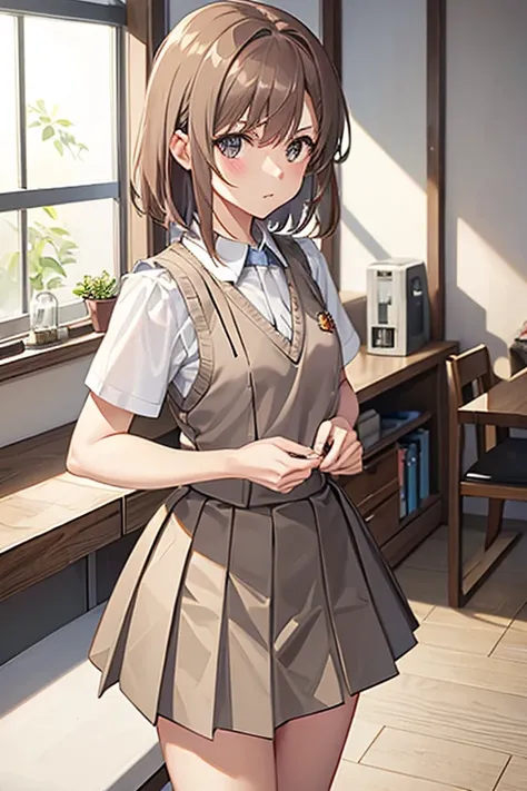 Misaka Mikoto、A Certain Scientific Railgun、girl、Small breasts、whole body、Contrasted、Short sleeve blouse、Beige knit vest、Dark grey plain pleated skirt、arms behind back、best quality,