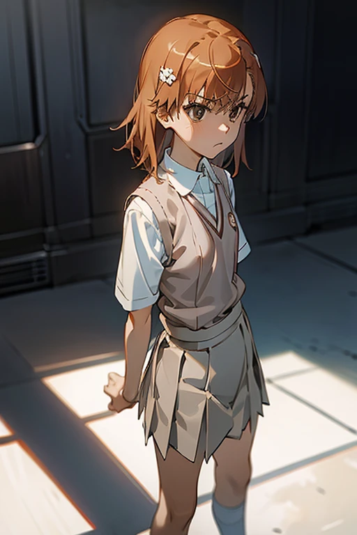 Misaka Mikoto、A Certain Scientific Railgun、girl、Small breasts、whole body、Contrasted、Short sleeve blouse、Beige knit vest、Dark grey plain pleated skirt、arms behind back、best quality,