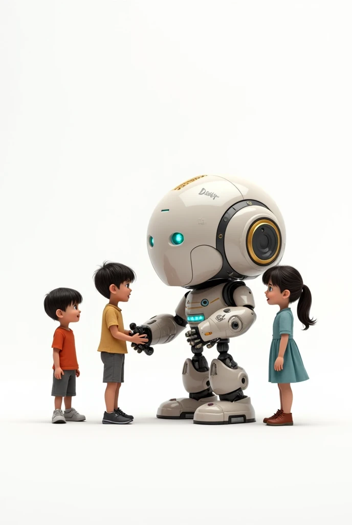 Two boys and a girl with a robot with the background of the image completely white